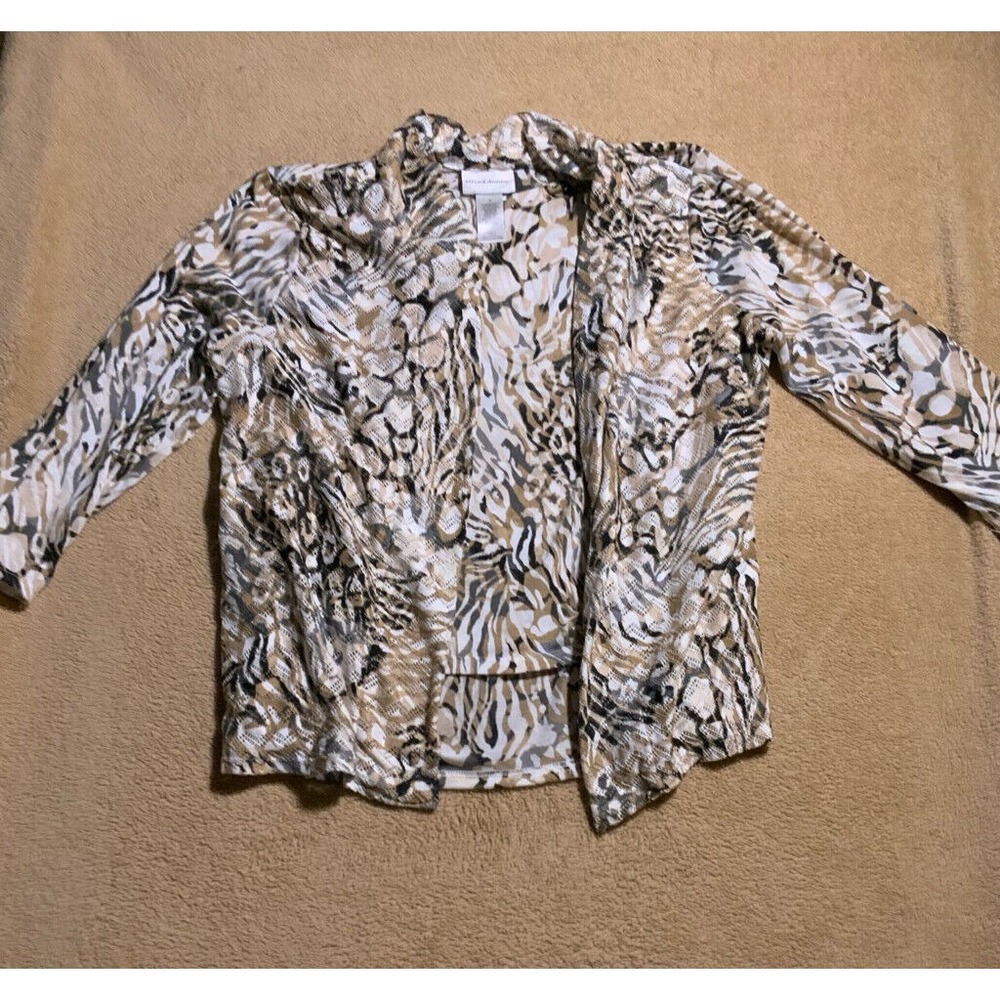 Alfred Dunner Women Large Brown Tan Geometric Animal Knit 2 in 1 Layered Blouse